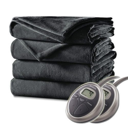 Sunbeam Luxurious Velvet Electric Heated Blanket in charcoal gray, queen size (84 in x 90 in), featuring thick velvet material, dual controllers with 10 heat settings, and a 10-hour auto shut-off function. This electric blanket is machine washable and dryer safe, designed for consistent warmth with a thermofine warming system, ideal for heated bedding solutions.