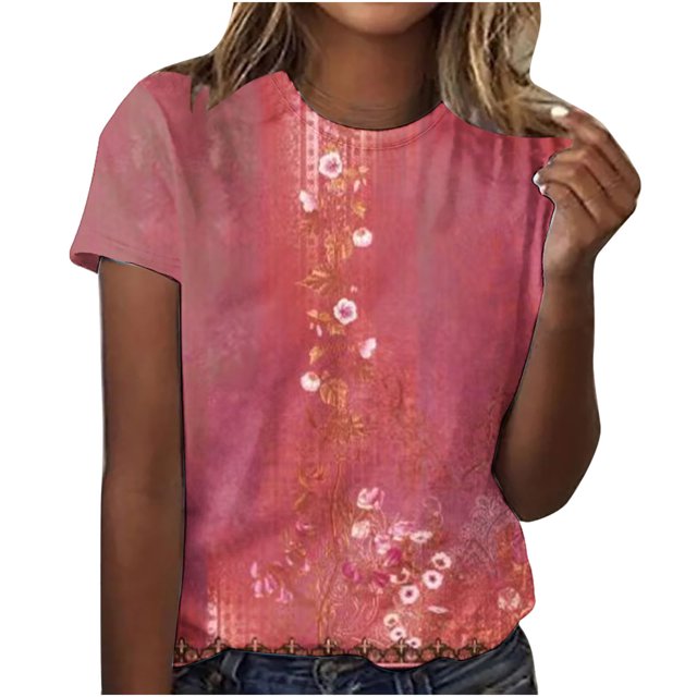 Birdeem Womens Casual Retro Printed Round Neck Short Sleeved Top