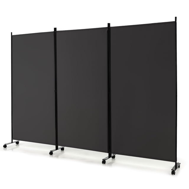 Costway 3-Panel Folding Room Divider 6Ft Rolling Privacy Screen with Lockable Wheels in grey. The divider features a durable polyester fabric and a sturdy metal frame. It includes 360° rolling wheels with brakes for easy mobility and stability. Each panel measures 34 inches wide and 71 inches tall, with a total unfolded dimension of 103 inches by 71 inches. The design allows for flexible configurations, such as L-shaped or W-shaped, and can be folded for compact storage. Suitable for living rooms, bedrooms, offices, or backyards.