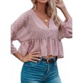 thumbnail image 4 of Women Swiss Dots Buttons Ruching Hem Deep V Neck 3/4 Sleeves Summer Blouse, 4 of 7