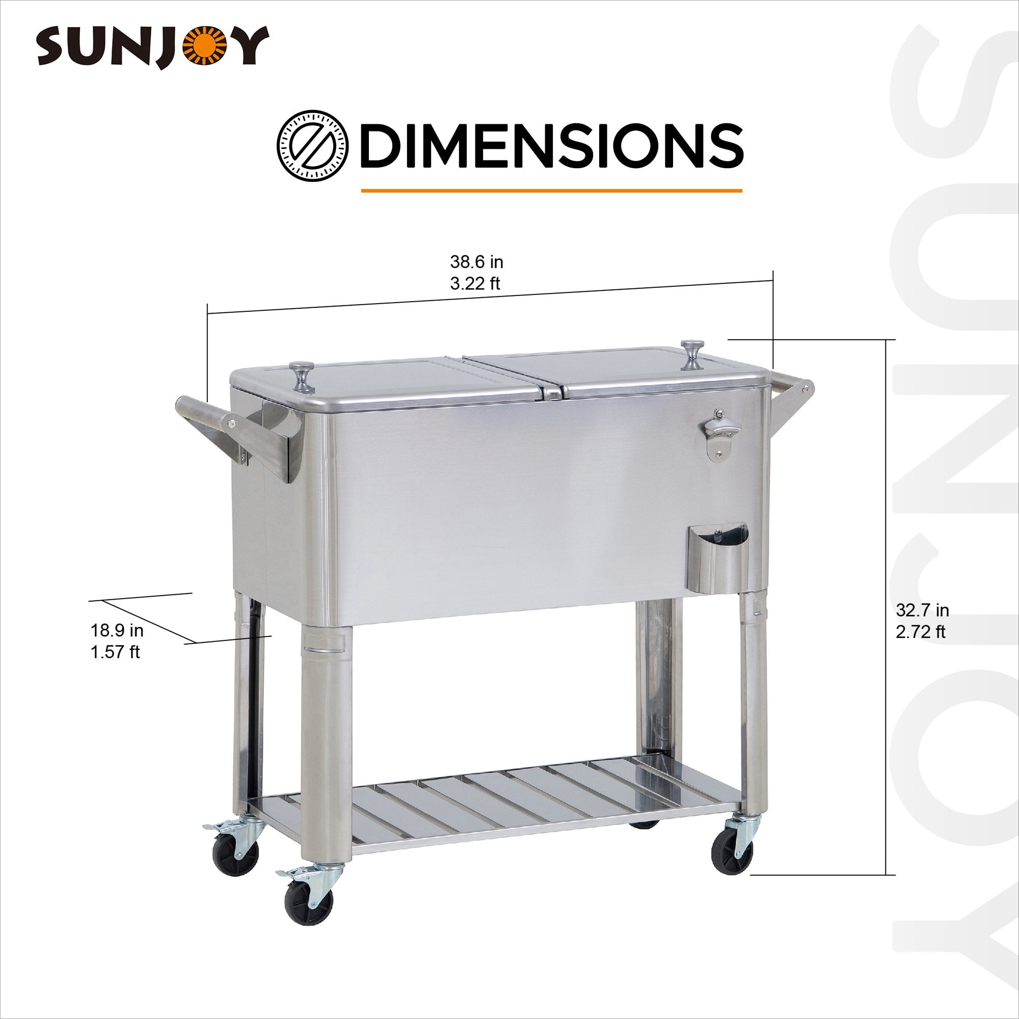 Sunjoy 80 Quart Patio Cooler Cart Stainless Steel Rolling Ice Chest With Steel Bottle Opener, Shelf And Lockable Wheels