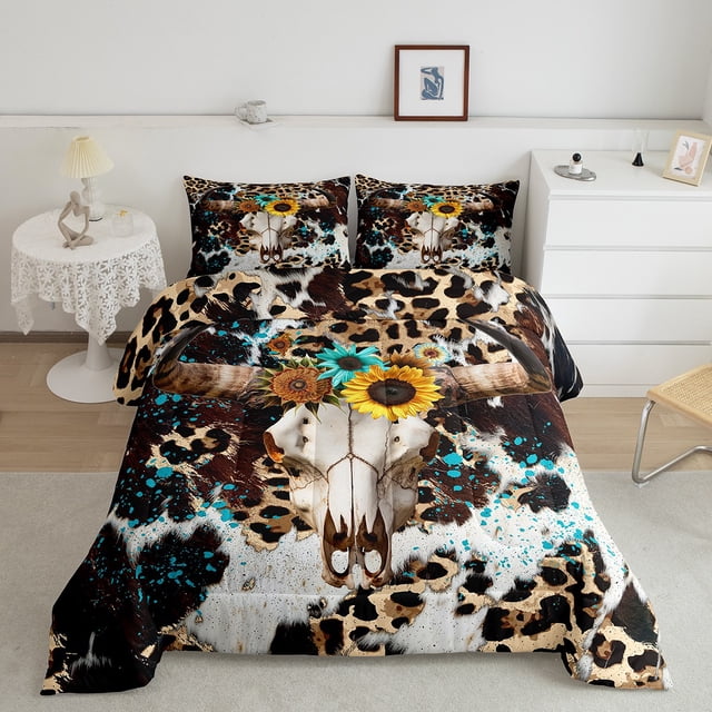 Erosebridal Rustic Skeleton Comforter Sets Twin Size, Western Animal Comforters & Duvets, Leopard Print Decor, Reversible 2pcs