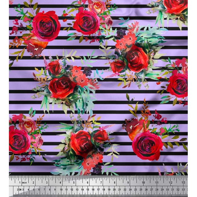 Soimoi Tissu Poly Georgette Feuilles et Imprimé de Fleurs de Roses, Tissu au Mètre, 42 Pouces de Large