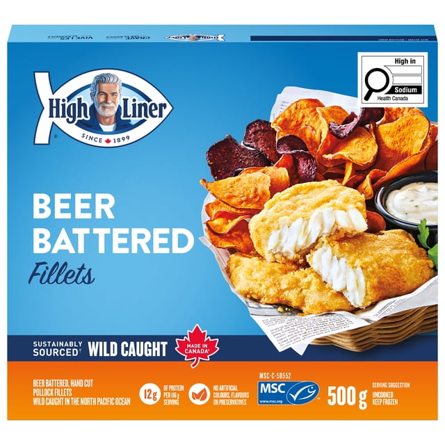High Liner Beer Battered Fillets package showing golden beer battered wild-caught pollock fillets with flaky white fish inside, served with mixed vegetable chips and creamy dipping sauce, in a blue box highlighting sustainably sourced seafood, 500 g weight, and made in Canada.