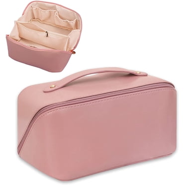 PAS Large-Capacity Travel Cosmetic Bag, Portable Make Up Bag Opens Flat, PU Leather Double-layered Waterproof Multifunctional Storage Travel Organizer Bag For Skincare Cosmetics Toiletries, Pink