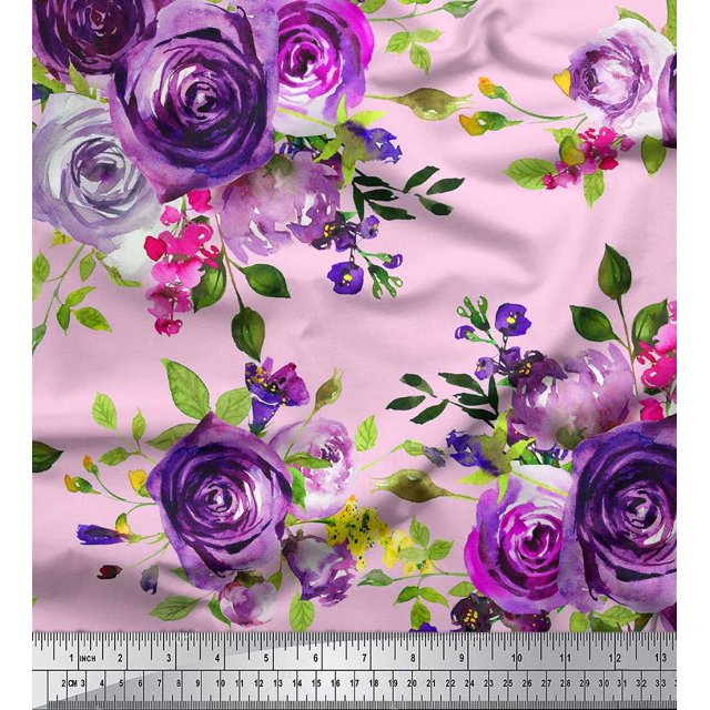 Soimoi Poly Georgette Fabric Leaves & Rose Flower Print Sewing Fabric Yard 52 Inch Wide