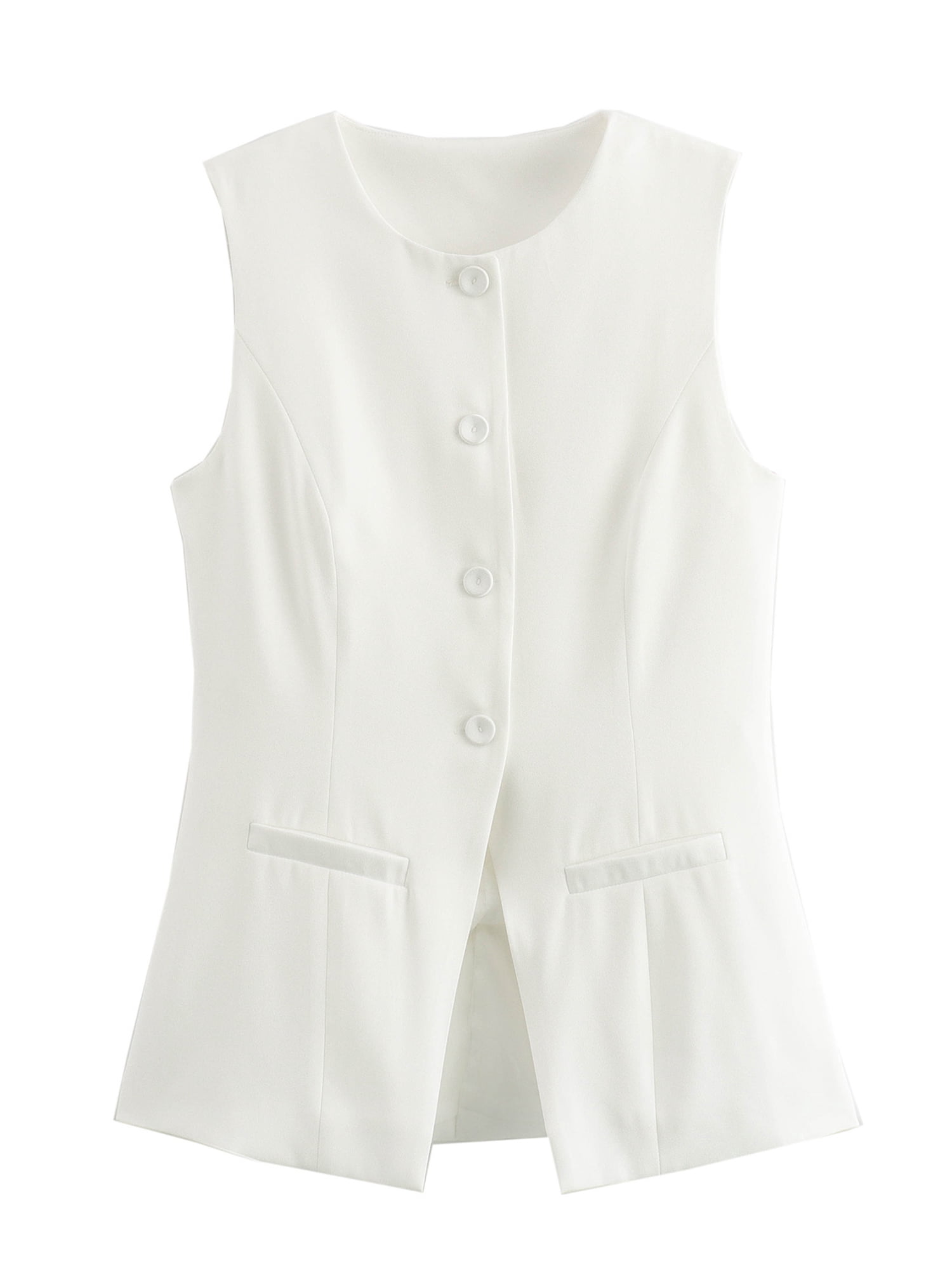 Gupgi Gilet Long pour Femmes à Boutons, Sans Manches, Col Rond, Couleur Unie, Coupe Ajustée