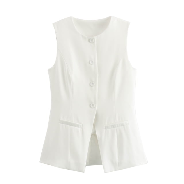 Gupgi Gilet Long pour Femmes à Boutons, Sans Manches, Col Rond, Couleur Unie, Coupe Ajustée