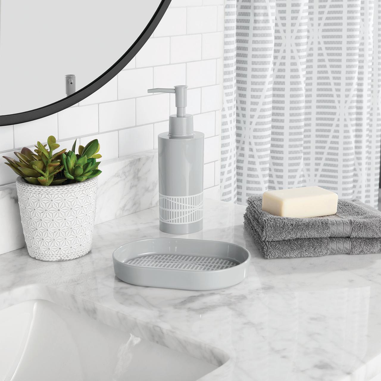 Mainstays 16-Piece Grey Diamond Geo Shower Curtain Bathroom Set – Fabric Curtain with Rug, Hooks, Soap Dispenser & Tray