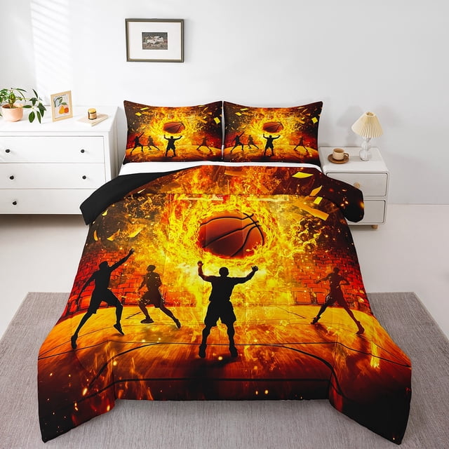 Erosebridal Ensembles de Literie de Sport de Basketball pour Garçons Taille Simple avec Couette, Insert de Couette Terrain de Basketball en Flammes, Réversible