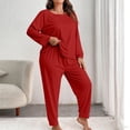 thumbnail image 2 of Oksale Ensemble de Détente 2 Pcs Femmes Ample Manches Longues Col Ras du Cou Grande Taille Pyjamas Couleur Unie Joggers Ensembles de Pyjamas Ensemble Confortable Rouge TG, 2 of 5