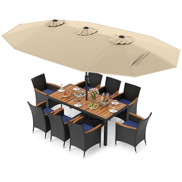 Costway Ensemble de Salle à Manger en Osier pour Patio 11 Pcs avec Parasol Extérieur Double Face 8 Chaises Empilables