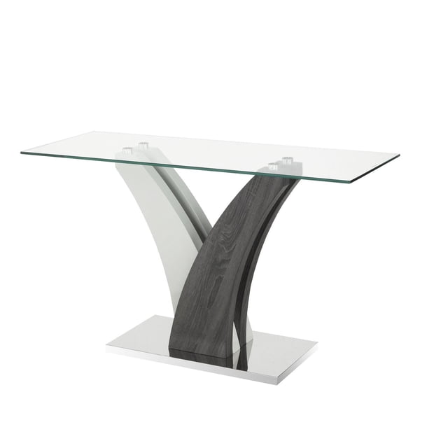 Jerome Table de Sofa, Gris/blanc avec un Dessus Rectangulaire en Verre Trempé de 12 mm, Supporté par Deux supports Courbés en Fini grain de Bois Gris et Blanc sur une base Rectangulaire Chromée, Convient comme console de Salon Moderne Ou Table de Sofa.