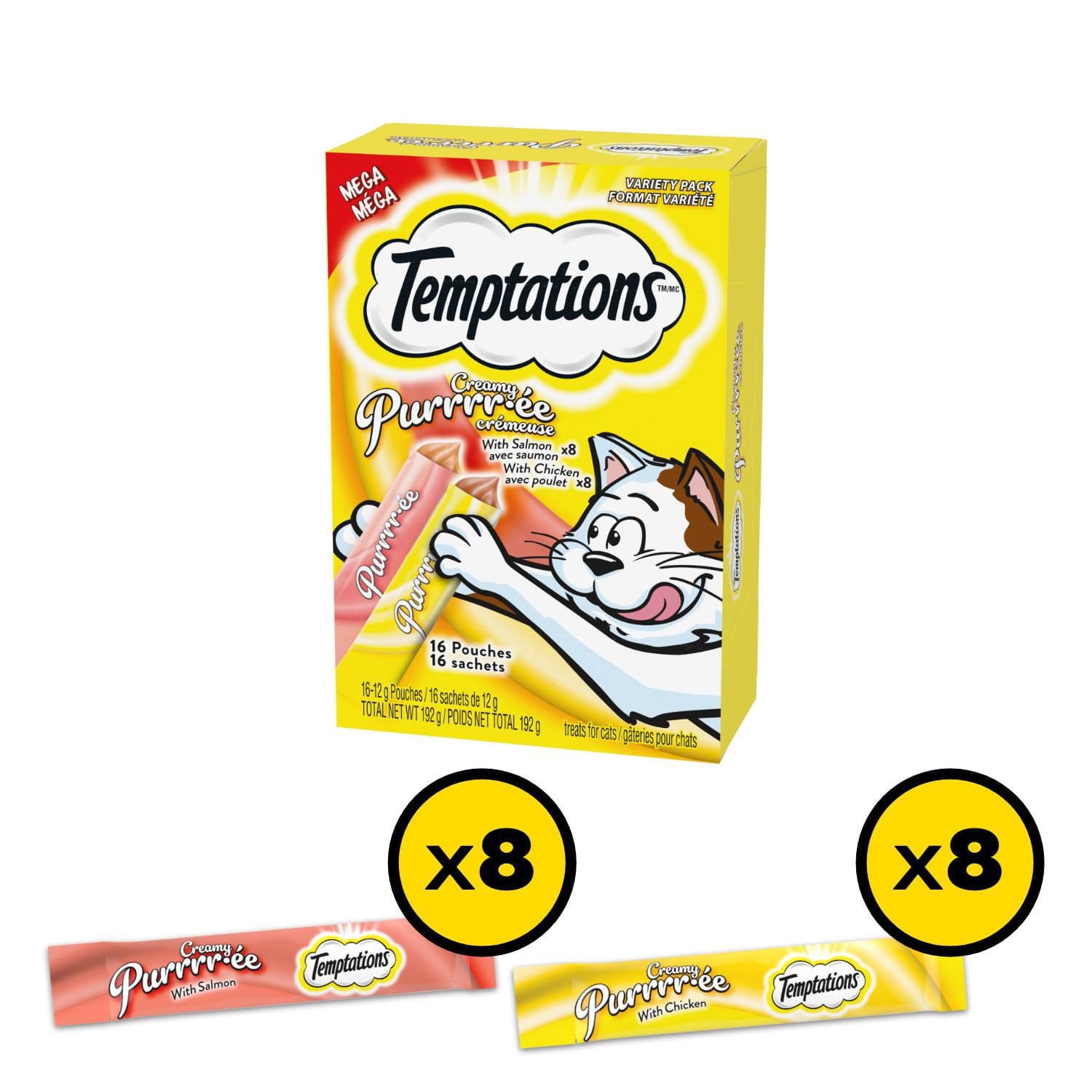 Gâteries pour chats TEMPTATIONS PURRRR-ÉE CRÉMEUSE avec poulet et avec saumon, boîte de 192 g contenant 16 sachets de 12 g