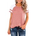 thumbnail image 1 of Nouveau Col Rond Couleur T-Shirt Manches Courtes Top Casual Couleur Bloc Blouse Femmes, 1 of 2