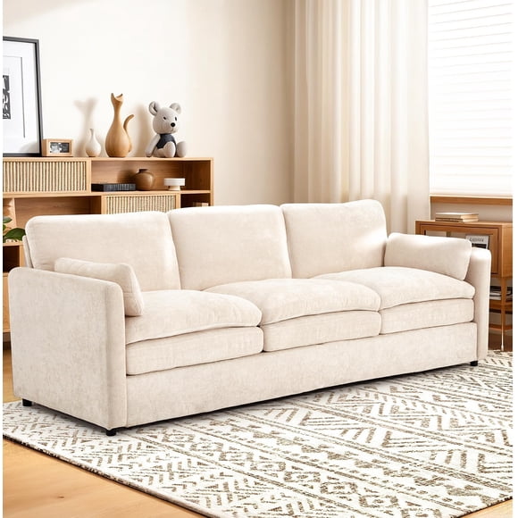 AECOJOY 89" Comfy Sofa Couch, Large 3-Seat Modern Chenille Sofa with Removable Pillows, Oversized Cloud-Like Couch for Living Room & Bedroom, Cream White