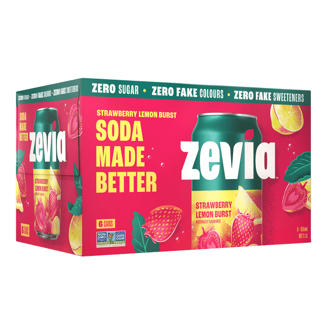 Zevia Strawberry Lemon Burst 355 ml six-pack box containing six cans of zero sugar, naturally sweetened soda pop with strawberry and lemon graphics on a bright pink background, highlighting zero fake colours and sweeteners, ideal for a refreshing soft drink choice.