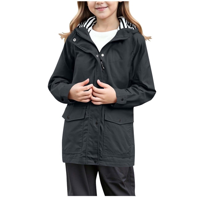 Imperméable pour Enfants Filles Léger à Fermeture Éclair Complète, Veste de Pluie à Boutons, Coupe-Vent Imperméable Style Preppy pour la Randonnée