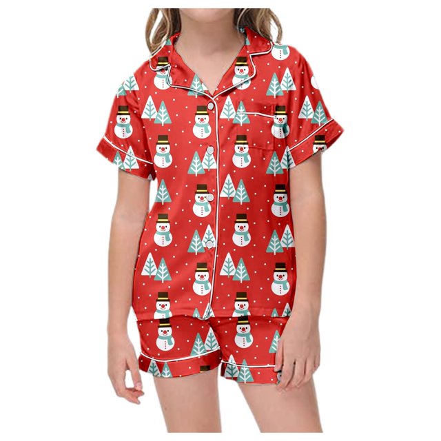 WEAIXIMIUNG Kids' Christmas Classic Print Button Down Collar Short Sleeve Top & Shorts Pajama Set 2-3 Years