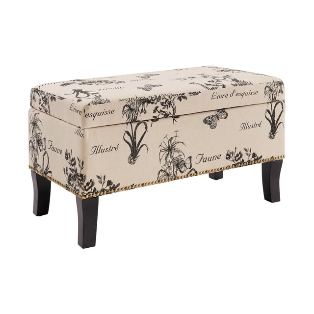 Ottoman de Rangement Botanique Sydney avec Rembourrage en Lin beige Imprimé de motifs Botaniques Noirs et de Papillons, Pattes en Bois Massif Noir Foncé, et Garniture de Clous en Laiton, Offrant un Rangement Caché et des Assises Adaptées aux Meubles de Salon.