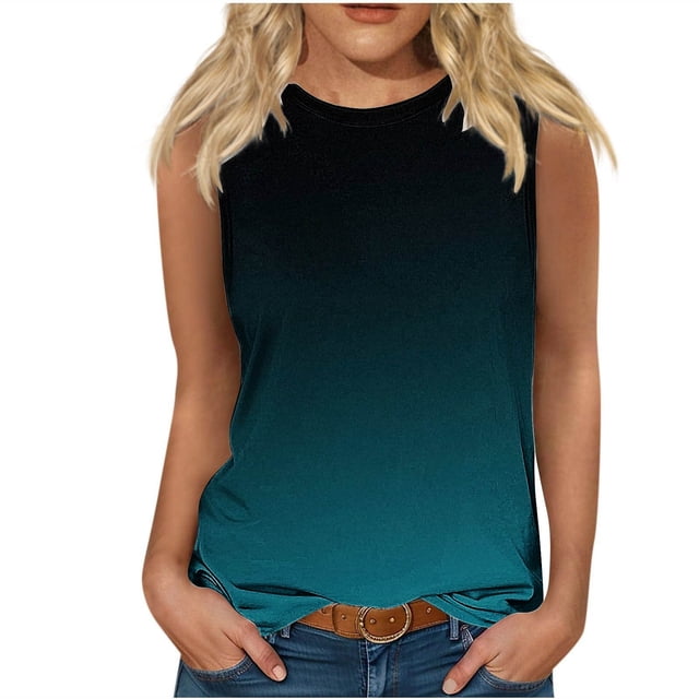 Plebaso Débardeurs pour Femmes 2025 Sans Manches Col Rond T-Shirts Décontractés Imprimé Dégradé Blouses d'Été