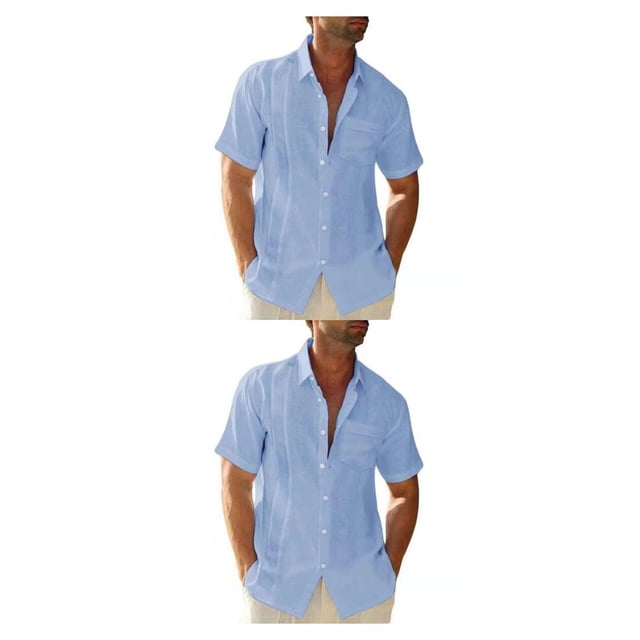 pitrice Men Shirt Casual Short Sleeve Breathable Replacement Button Down Solid Color Fashionable Home Dating Shirts Top Light Blue 2XL 2Set
