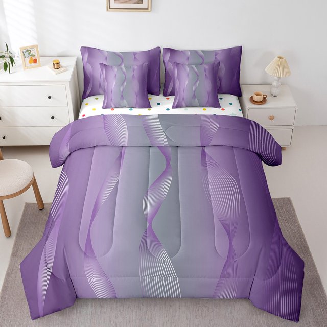 YST Gradient Lilac and Grey 7-Piece Comforter Set, Full Size – Abstract Ombre Art