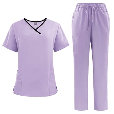 Ktyne Scrubs Sets for Women Stretchy Nurse Uniform Short Sleeve V-Neck Scrub & Jogger Pant Solid Color Scrubs Sets with Multi Pocket Light Purple M