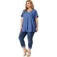 thumbnail image 3 of GRACE & GRANDEUR Blouse pour Femme Grande Taille Décontractée à Col en V à Manches Courtes en Chambray, 3 of 5