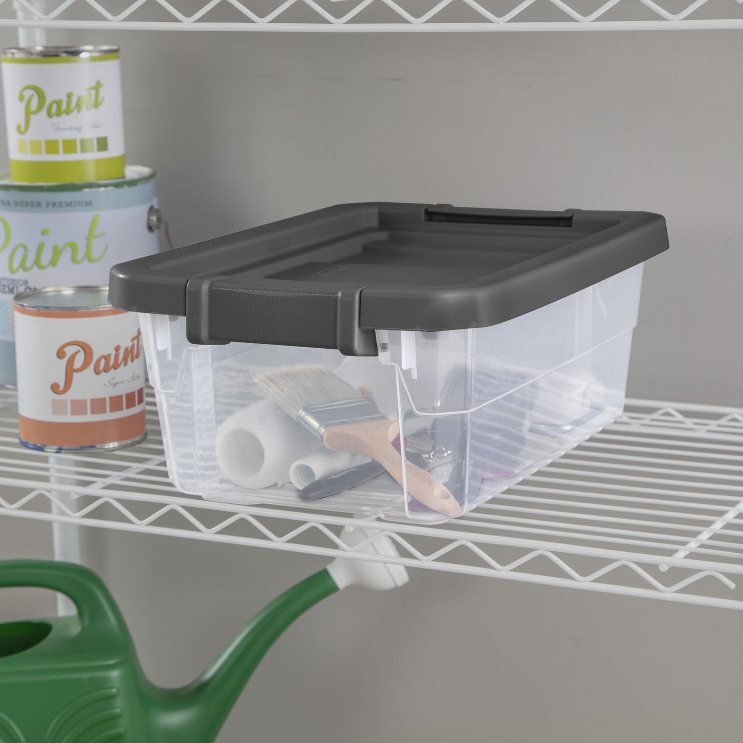 Sterilite 15 L Stacker Box, Durable Clear Plastic Storage Bin with Latch Lid, Dark Gray