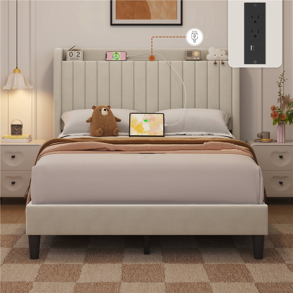 Yaheetech Cadre de Lit Rembourré en Velours avec Prises de Recharge et Ports USB, Double, Beige