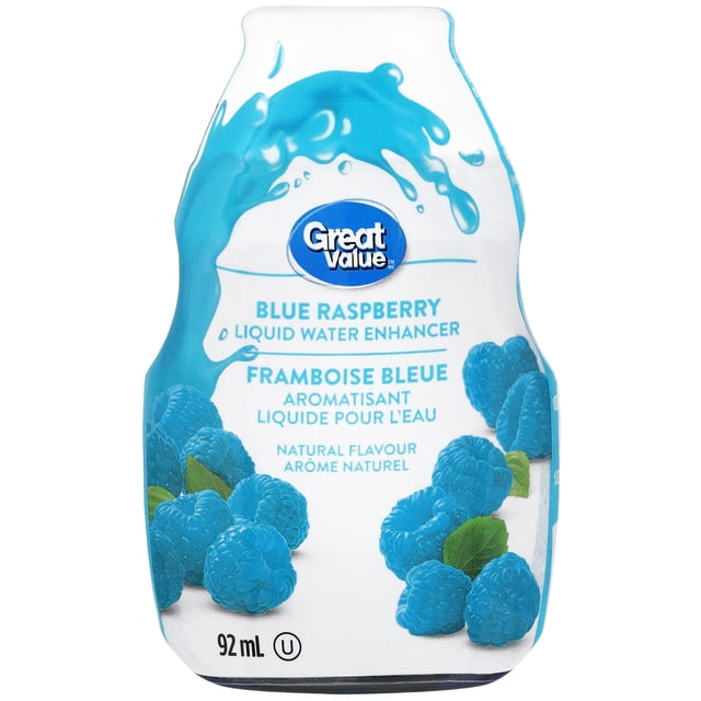 Great Value Blue Raspberry Liquid Water Enhancer in a 92 mL plastic bottle with blue raspberry fruit images and a blue splash graphic on a white label, offering natural flavour in a compact liquid drink mix suitable for flavouring water on the go.