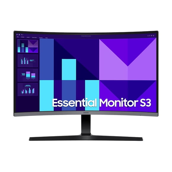 Samsung 27-inch Curved Essential Monitor (Model LS27D390GANXZA / S27D390GAN), VA panel, 1920 × 1080 resolution, 100 Hz refresh rate.