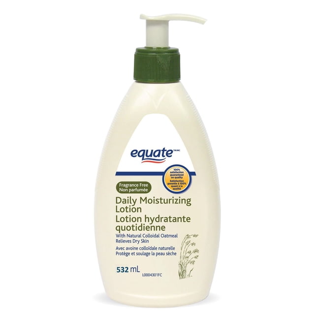 Equate Lotion Hydratante Quotidienne Sans Parfum Bouteille de 532 ml avec Distributeur à Pompe Verte, Formulée avec de la Gruau Colloïdal Naturel pour Soulager la Peau Sèche et Offrir une Hydratation Quotidienne de la Peau et des Soins Corporels Apaisants.