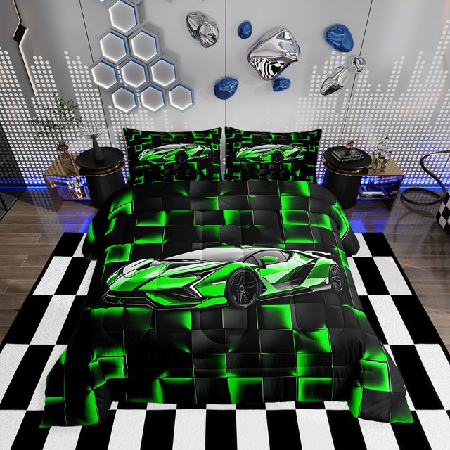 Erosebridal Neon Car Bedding King Comforter Set for Boys, Racing Car Down Comforter, Sports Decor, Reversible 3-Piece