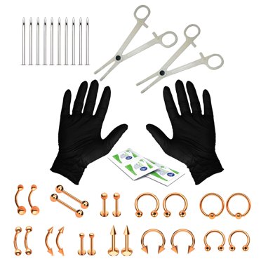 BodyJ4You 36PCS Piercing Kit Rose Goldtone Steel 14G 16G Belly Ring Tongue Tragus Eyebrow Nipple Lip Nose
