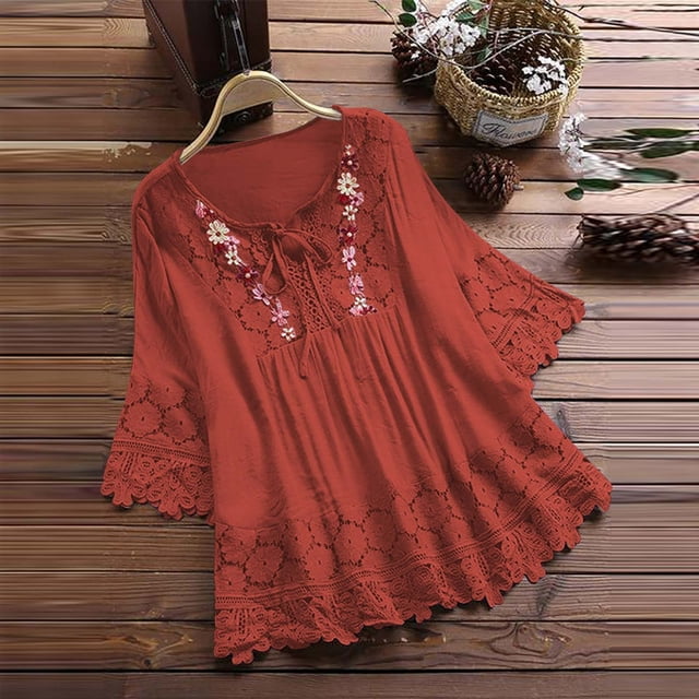 Soki 3/4 Length Sleeve Womens Boho Tops Cotton Linen Embroidered Shirts Plus Size Flowy Lace Tunic Peasant Blouses