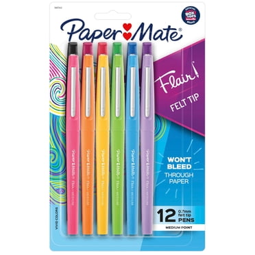 Stylos Flair de Paper Mate avec pointe en feutre, pointe moyenne (0,7 mm), couleurs assorties, 12 unités