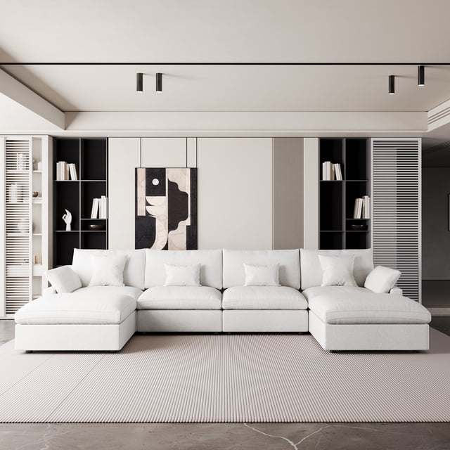 The Magic Home Canapé Sectionnel Modulaire en Lin en Forme de U à 4 Places, Blanc