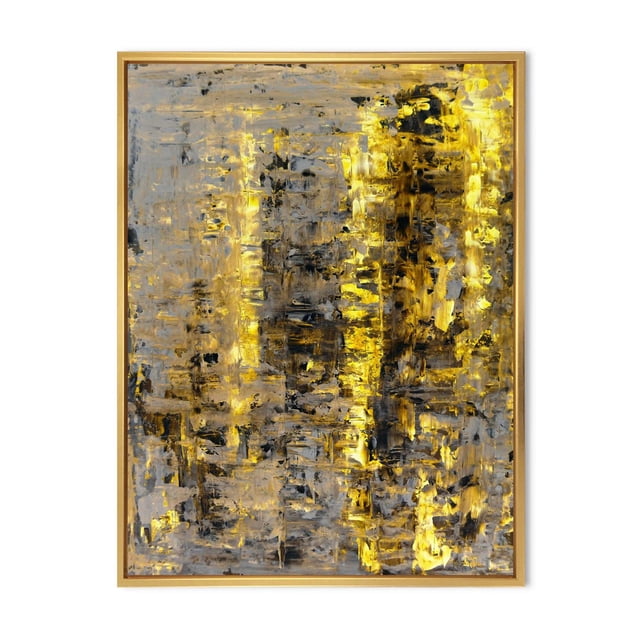 Designart Yellow Meets Grey Abstract Art II FLOAT FRAME WALL ART with textured yellow, grey, and black abstract brushstrokes on premium cotton canvas, gallery-wrapped and stretched over a 1-inch wood subframe, enclosed in a light wood floating frame, ready to hang for modern home décor.