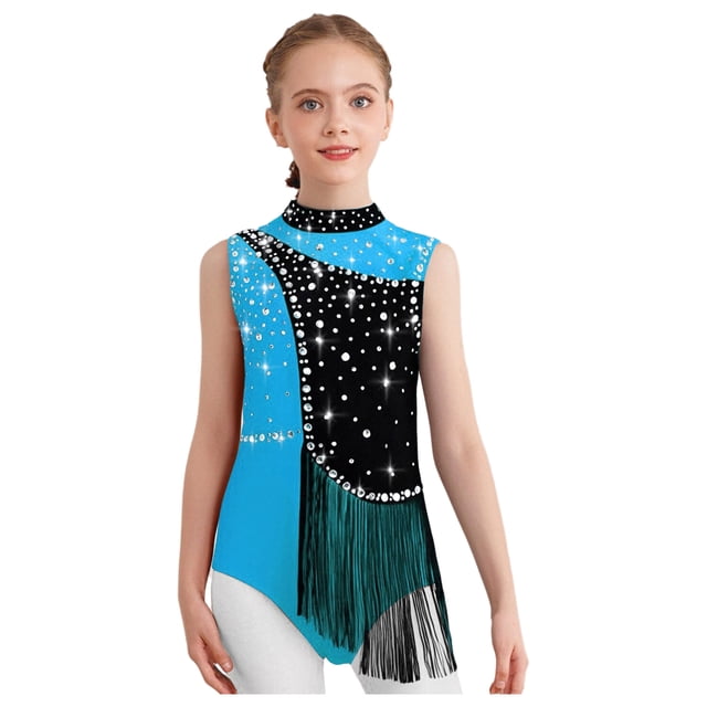 inhzoy Filles Enfants Robe de Patinage Artistique à Franges en Strass Justaucorps Sans Manches avec Jupe Justaucorps de Ballet Lyrique Tenue de Danse Bleu Clair 8