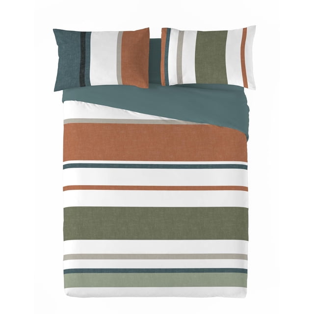 Gouchee Home Travis Ensemble de Housse de Couette Grand 3 Pcs avec Motif Rayé Moderne en Rouille, Vert olive, Sarcelle et Blanc. la Couette Réversible en percale de Coton Présente un Dos Uni Sarcelle et Comprend Deux Couvre-Oreillers Assortis. Lavable à la Machine et Convient aux Matelas jusqu'à 15 Pouces de Profondeur, Idéale pour les styles de Chambre Modernes Ou Côtiers.