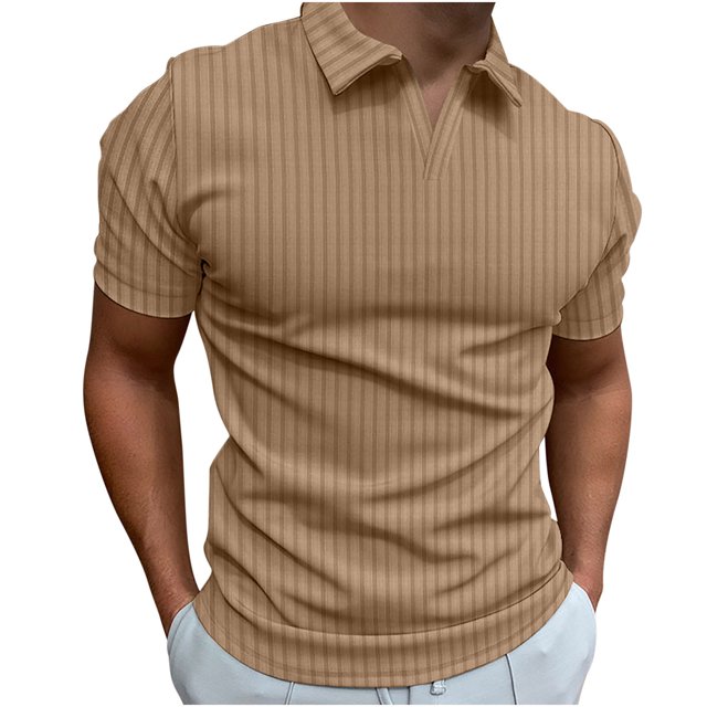Dvkptbk Homme Décontracté Uni Col Rabattu Chandail à Rayures Haute Élasticité Manches Courtes Blouse