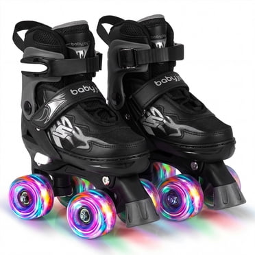 Gymax Patins à Roulettes pour Enfants 4 Tailles Réglables Patins Quad avec Roues Lumineuses pour 5-7 Ans Noir