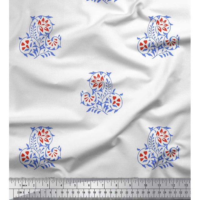 Soimoi Polyester Crepe Fabric Leaves & Floral Block Printed Fabric 1 Yard 42 Inch Wide