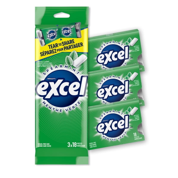 EXCEL, Menthe verte, gomme à mâcher sans sucre, 18 morceaux, 3 emb
