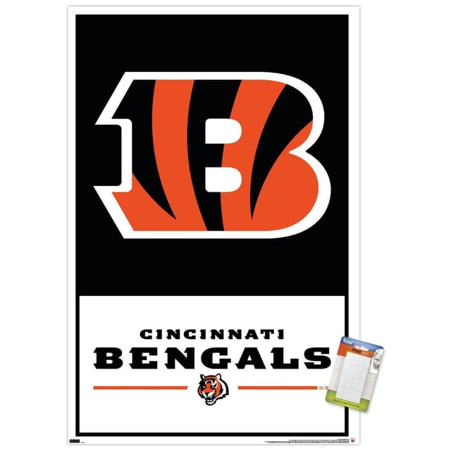 NFL Cincinnati Bengals - Logo 21 Wall Poster with Magnetic Frame, 22.375" x 34" displaying a centered Cincinnati Bengals logo in orange and black tiger stripes outlined in white on a black background, with bold 'CINCINNATI BENGALS' text below separated by orange lines and a small tiger head emblem, printed on glossy poster paper with a white magnetic frame, suitable for decorating bedrooms, offices, or dorm rooms.