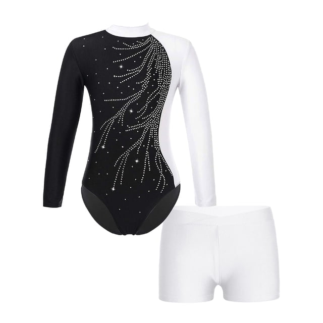 TiaoBug Ensemble de Survêtement 2 Pcs pour Filles, Manches Longues, Tenue de Danse avec Short Unitard A05 12