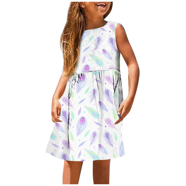 PMVFHDE Robe d'Été Fleurie pour Filles / Col Rond Sans Manches Robe Décontractée / Tenue Légère de Plage et de Vacances pour Tout-Petits à Préados Violet,5-6