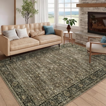 Floral Rugs 8x10 Living Room Washable Non Slip Area Rug for Bedroom Indoor Vintage Floor Carpet for Dining Room Low Pile Retro Accent Floor Cover for Kids Playroom Nursery Office, Taupe